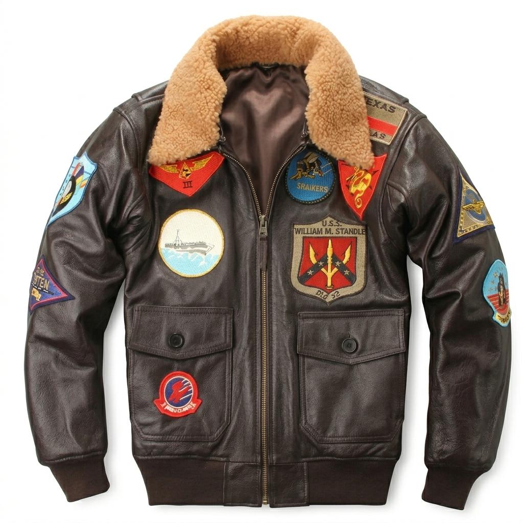Men's G-1 Flight Jacket: Real Leather Bomber, Maverick Aviator Patches, Shearling Collar
