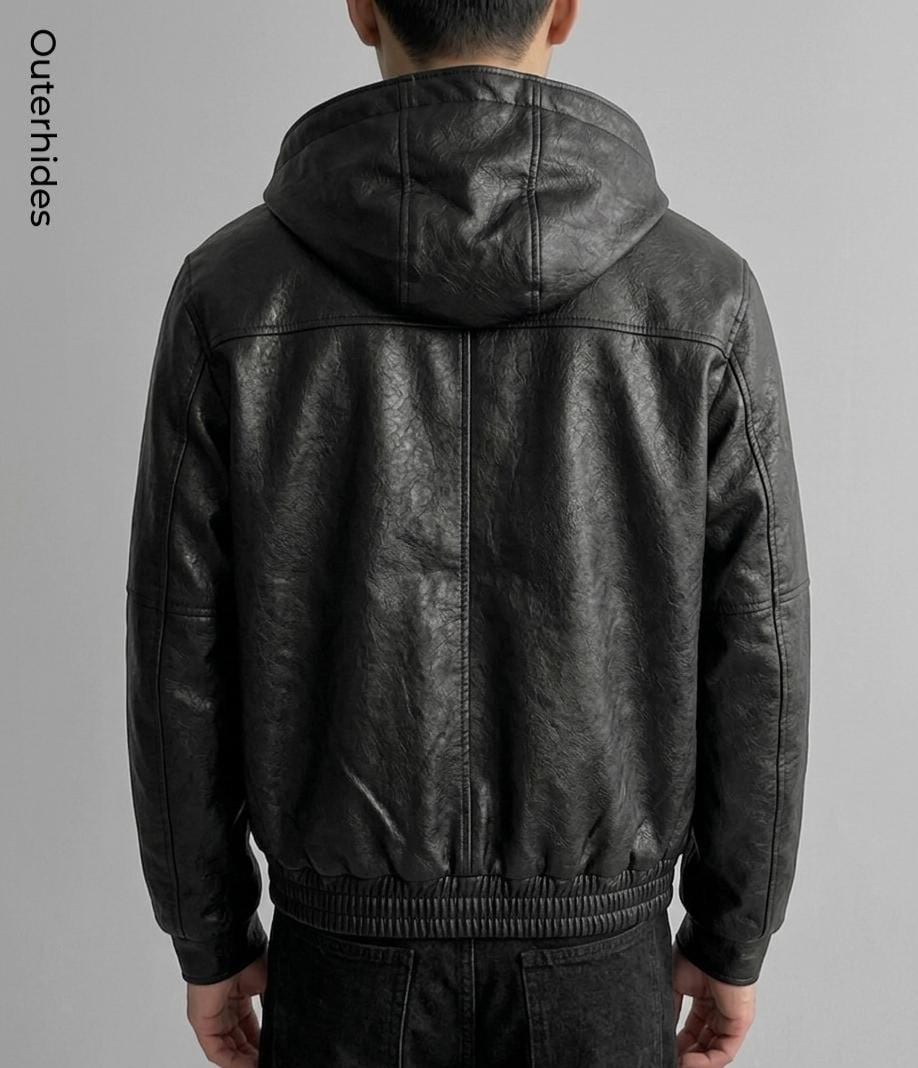 The Hooded Aviator | Distressed Black Bomber Coat | Handcrafted Urban Streetwear Gift for Him - Image 2