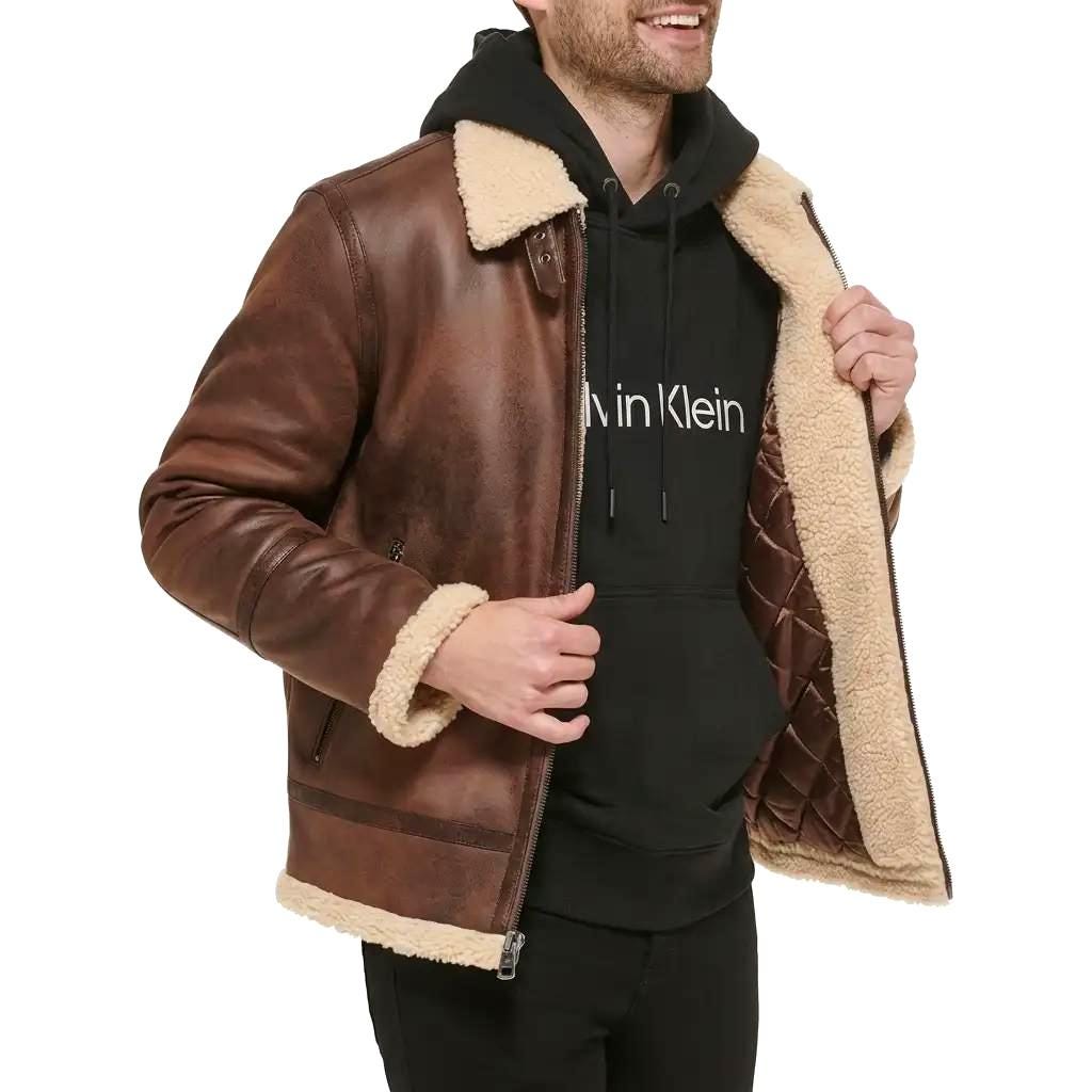 Distressed Brown Leather Aviator Jacket | Genuine Shearling Collar Bomber Coat