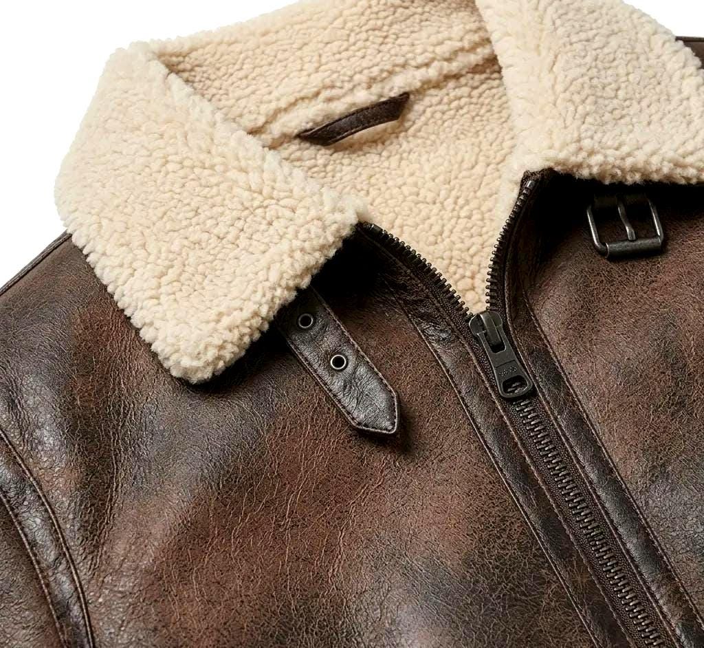 Distressed Brown Leather Aviator Jacket | Genuine Shearling Collar Bomber Coat - image 4