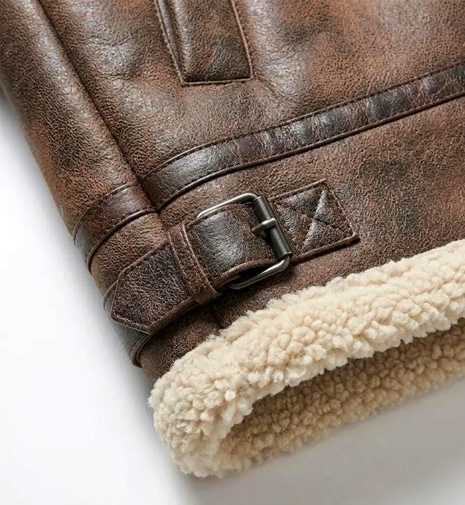 Distressed Brown Leather Aviator Jacket | Genuine Shearling Collar Bomber Coat - image 5