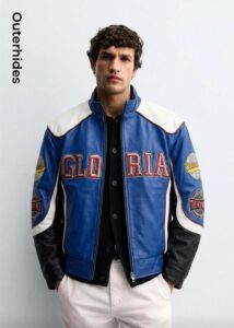 Men's Blue Leather Racing Jacket | Tri-Color Embroidered Bomber | Varsity Streetwear Jacket | Gift for Him