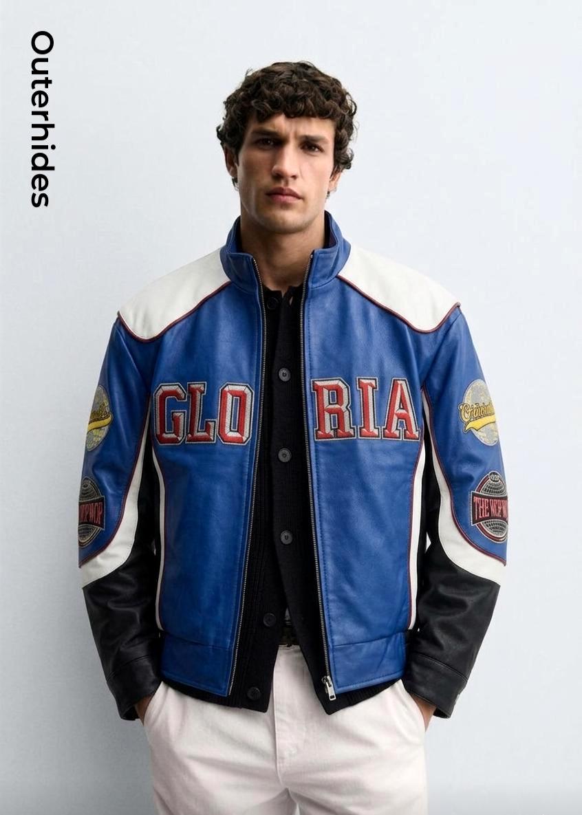 Men's Blue Leather Racing Jacket | Tri-Color Embroidered Bomber | Varsity Streetwear Jacket | Gift for Him