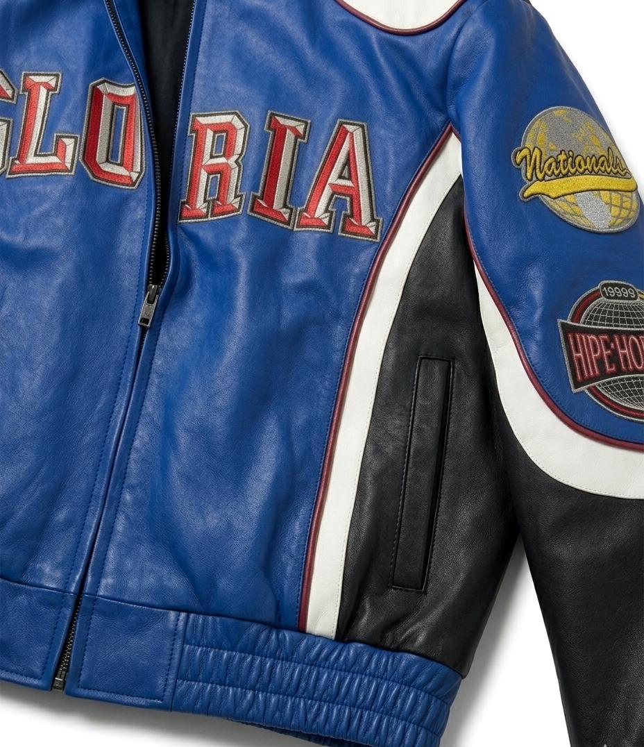 Men's Blue Leather Racing Jacket | Tri-Color Embroidered Bomber | Varsity Streetwear Jacket | Gift for Him - Image 5