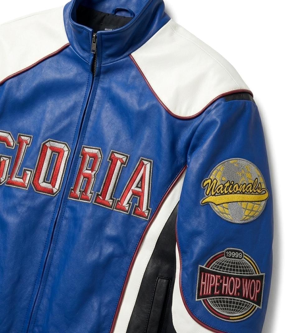 Men's Blue Leather Racing Jacket | Tri-Color Embroidered Bomber | Varsity Streetwear Jacket | Gift for Him - Image 6