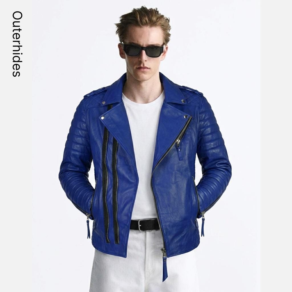Men's Quilted Biker Jacket: Cobalt Blue Slim Fit Moto Coat Triple Zipper Streetwear