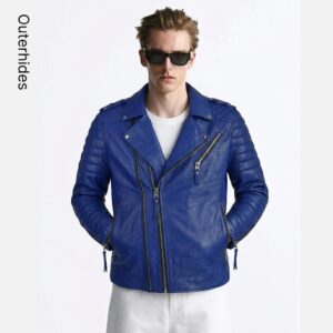 Men’s Quilted Biker Jacket: Cobalt Blue Slim Fit Moto Coat Triple Zipper Streetwear