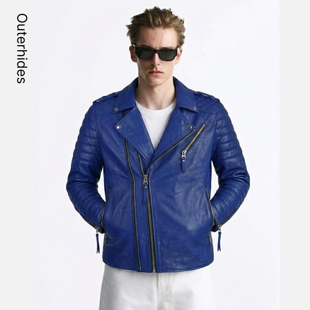 Men's Quilted Biker Jacket: Cobalt Blue Slim Fit Moto Coat Triple Zipper Streetwear