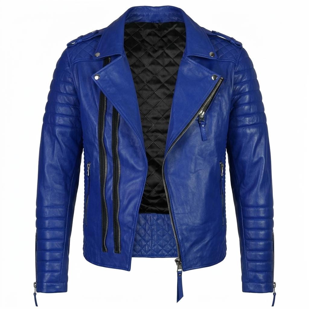 Men's Quilted Biker Jacket: Cobalt Blue Slim Fit Moto Coat Triple Zipper Streetwear