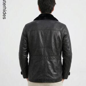 Men’s Black Leather Peacoat | Double-Breasted, Faux Fur Collar, Custom Fit Coat
