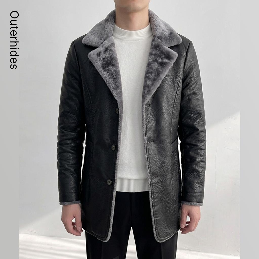 Men Black Leather Jacket Grey Fur Collar Winter Shearling Car Coat Gift