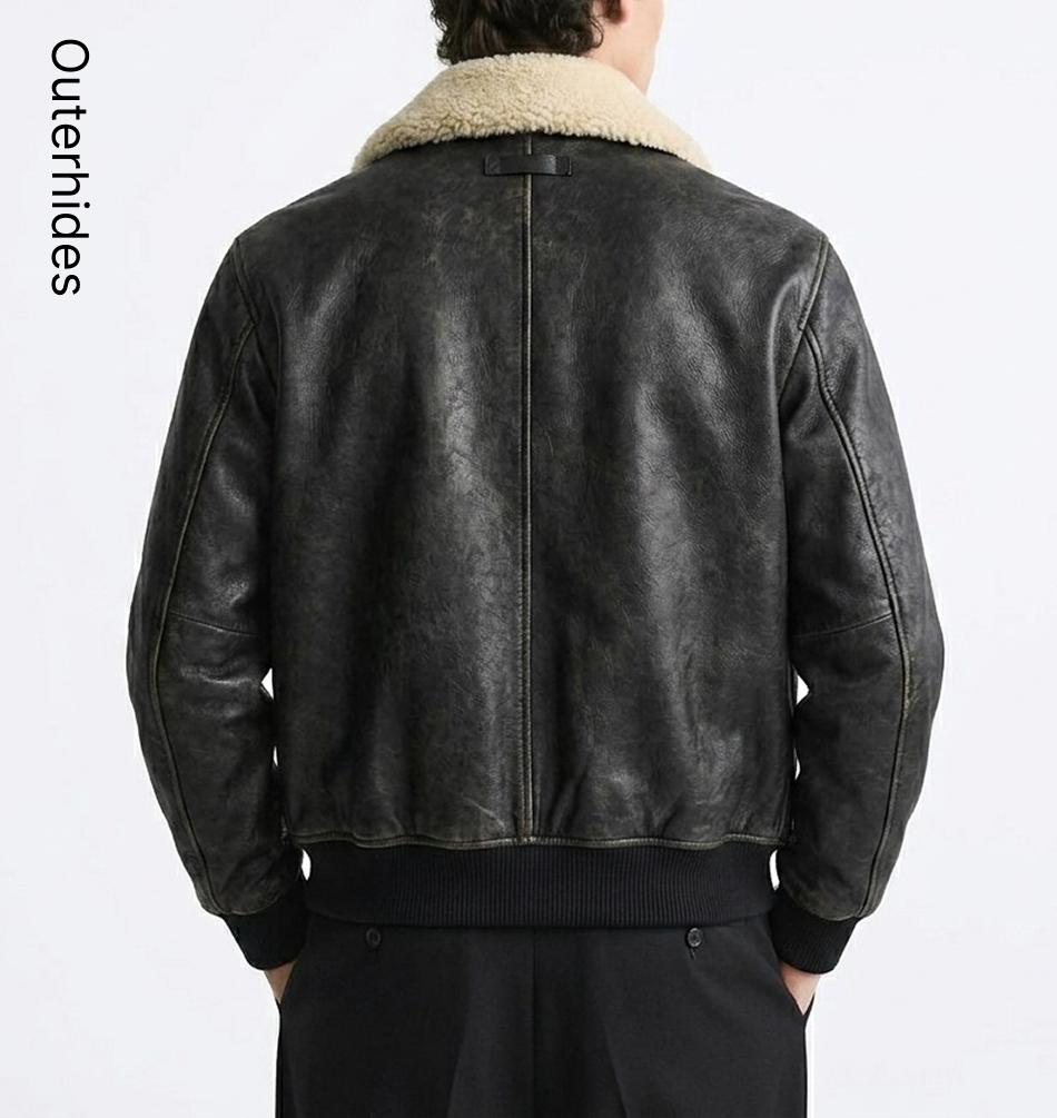 Men's Black Leather Bomber Jacket | G-1 Aviator Flight Coat, Shearling Collar - Image 2