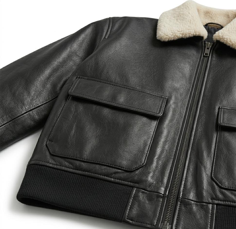 Men's Black Leather Bomber Jacket | G-1 Aviator Flight Coat, Shearling Collar - Image 5