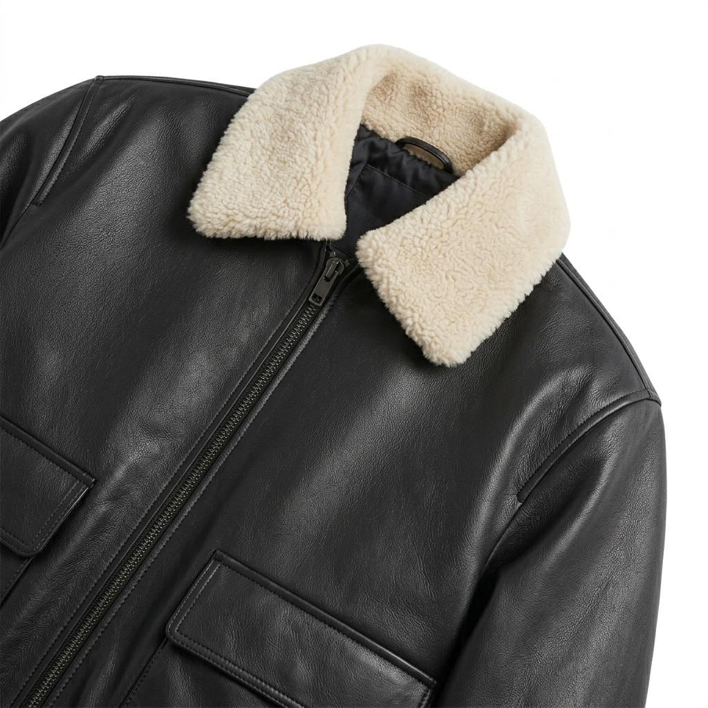 Men's Black Leather Bomber Jacket | G-1 Aviator Flight Coat, Shearling Collar - Image 6