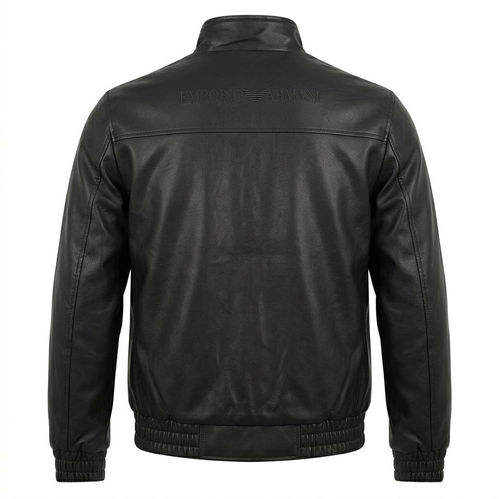 Men's Black Textured Leather Bomber Jacket: Stand Collar Streetwear Outerwear - Image 5