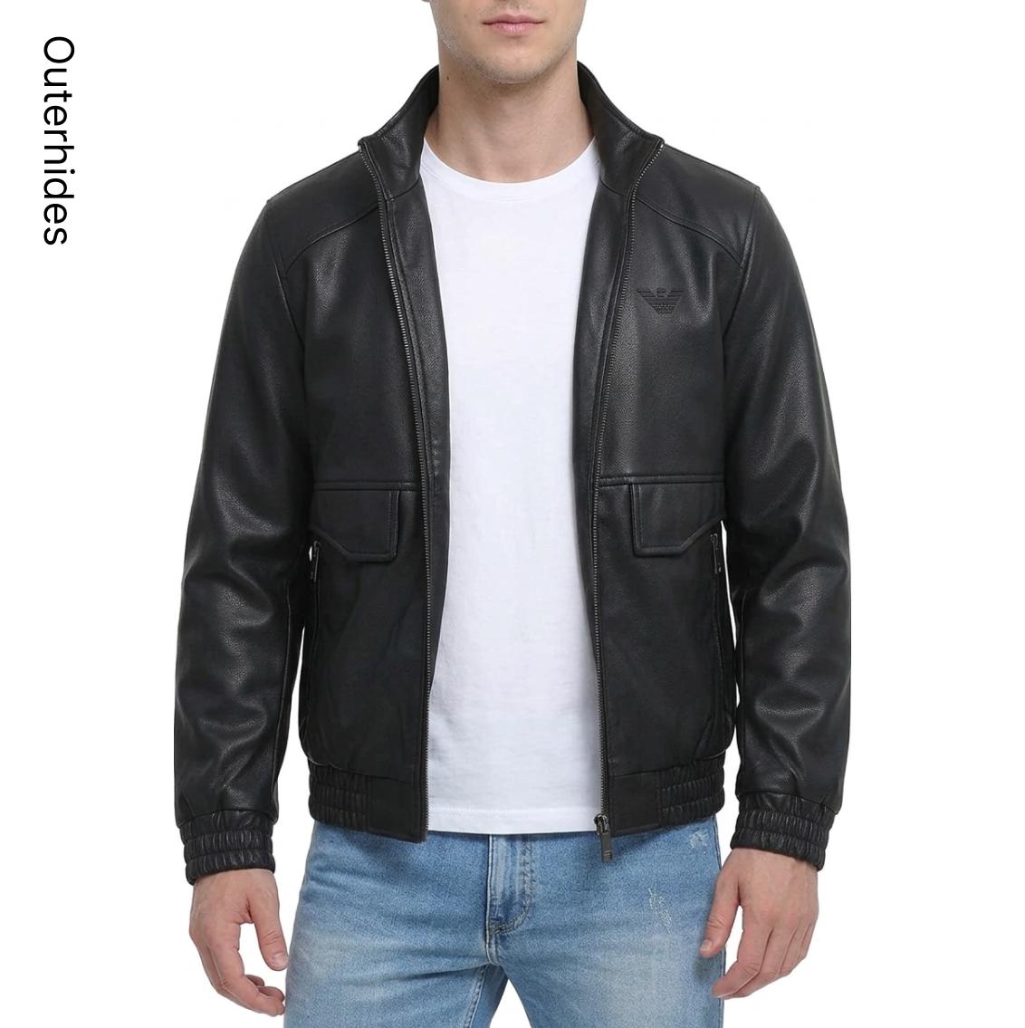 Men's Black Textured Leather Bomber Jacket: Stand Collar Streetwear Outerwear
