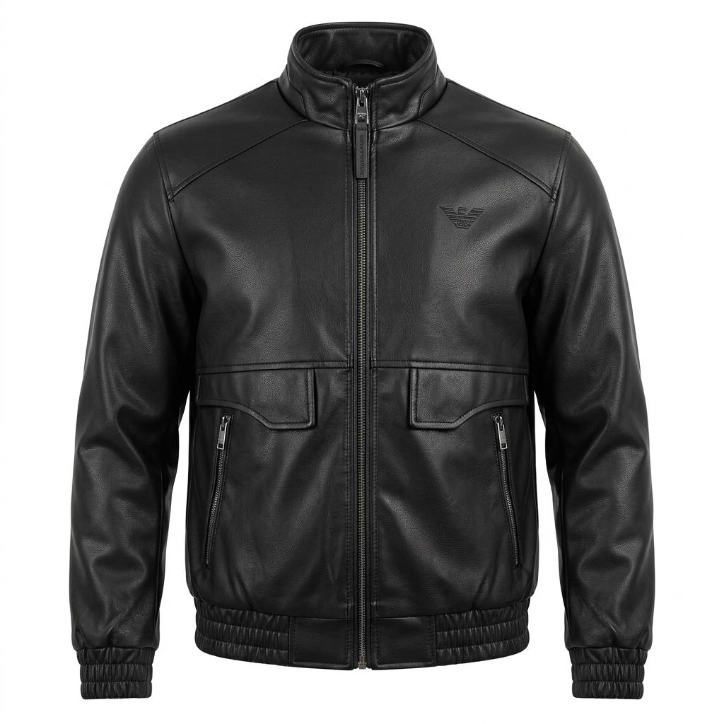 Men's Black Textured Leather Bomber Jacket: Stand Collar Streetwear Outerwear - Image 4