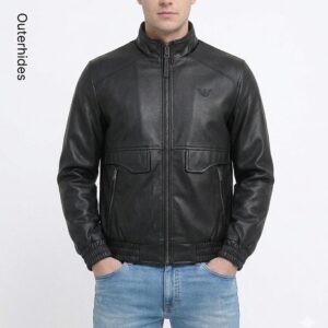 Men’s Black Textured Leather Bomber Jacket: Stand Collar Streetwear Outerwear