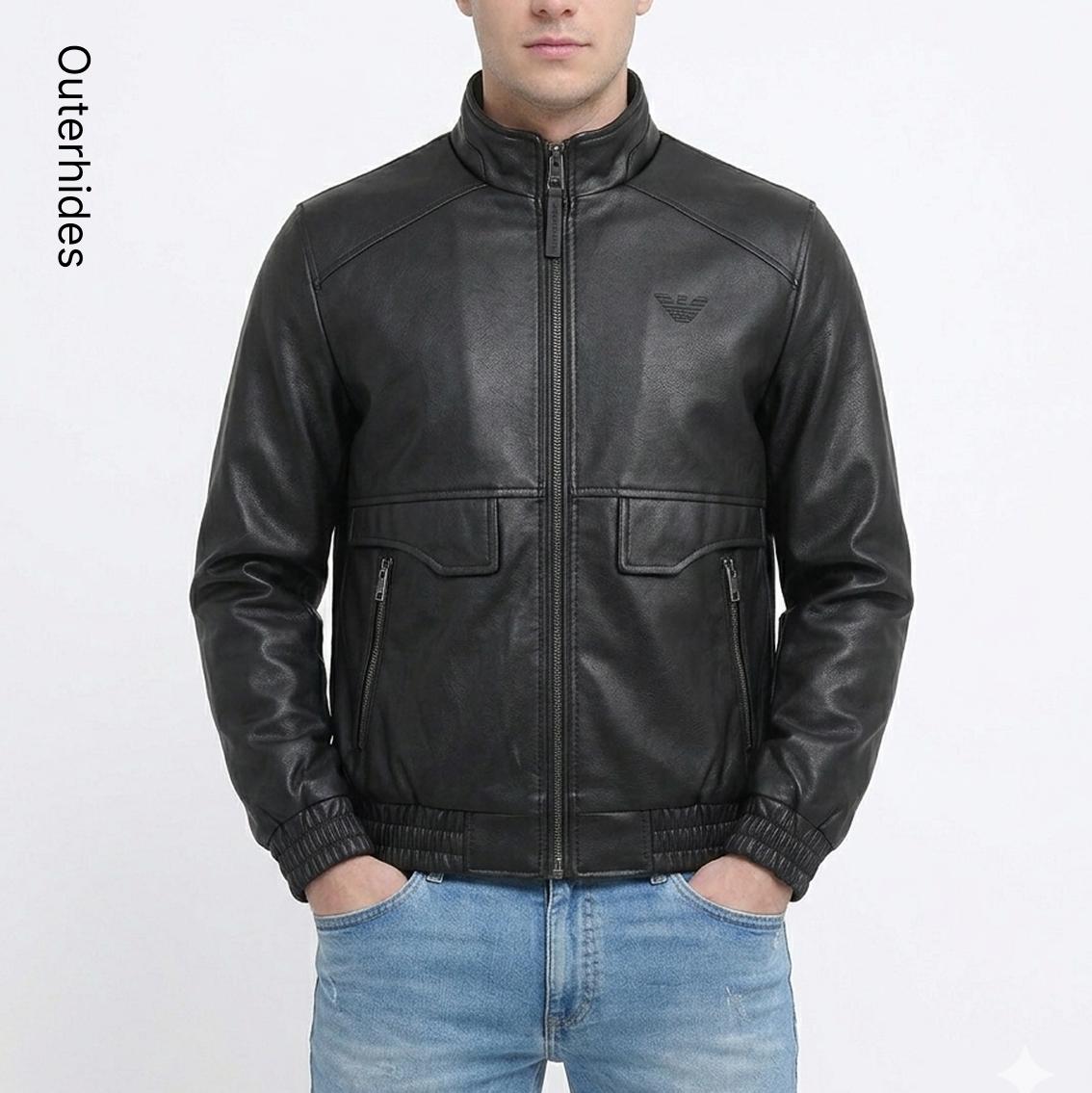 Men's Black Textured Leather Bomber Jacket: Stand Collar Streetwear Outerwear - Image 2