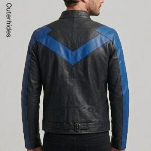 Men’s Black Leather Bomber Jacket with Blue Accents | Streetwear Outerwear