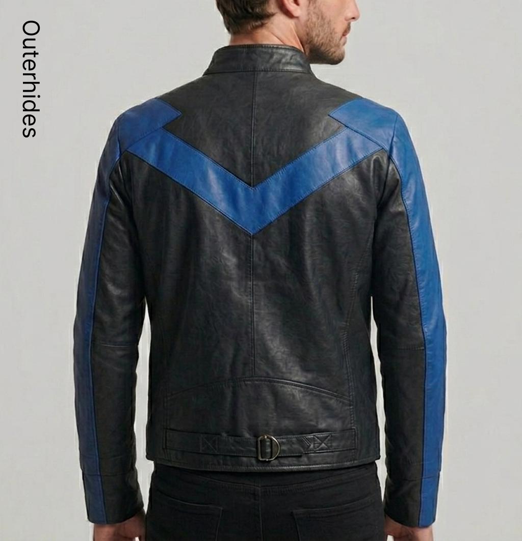 Men's Black Leather Bomber Jacket with Blue Accents | Streetwear Outerwear - Image 2
