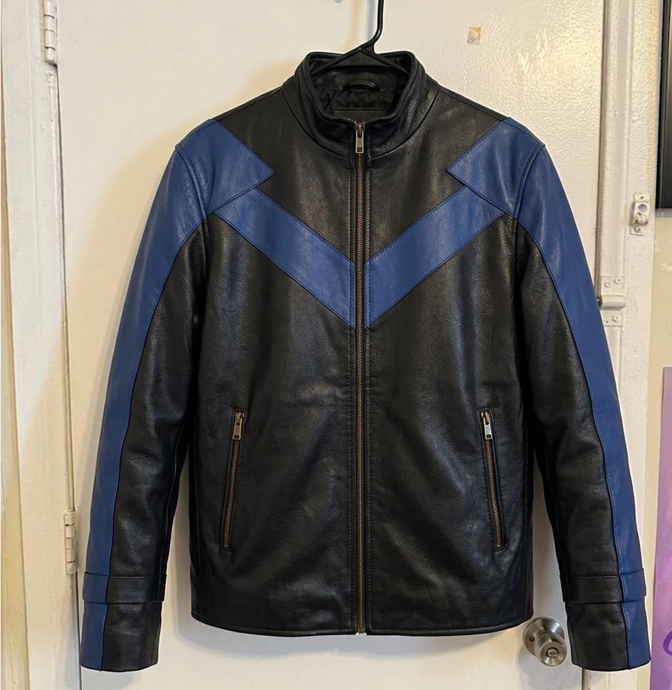 Men's Black Leather Bomber Jacket with Blue Accents | Streetwear Outerwear - Image 3
