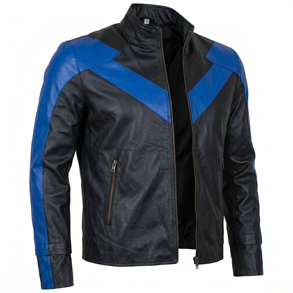 Men's Black Leather Bomber Jacket with Blue Accents | Streetwear Outerwear - Image 6