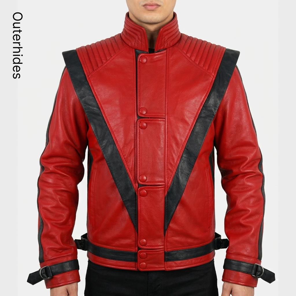 Red Leather Thriller Jacket | MJ V-Stripe Biker Cosplay Costume