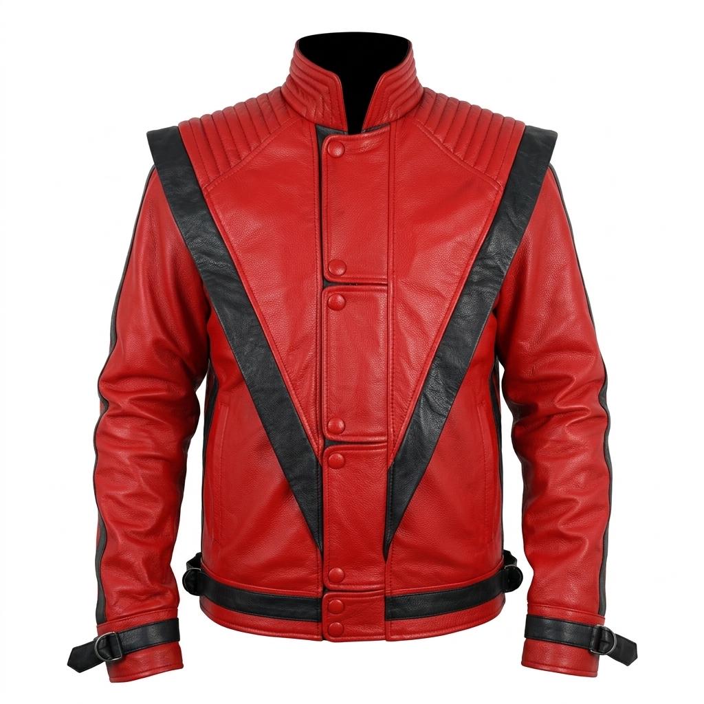 Red Leather Thriller Jacket | MJ V-Stripe Biker Cosplay Costume - Image 4