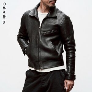 Men’s Black Cafe Racer Leather Jacket | Shrunken Grain Cowhide Moto Biker Style