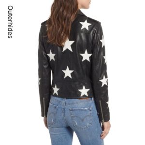 Women’s Black Faux Leather Star Moto Jacket – Concert Festival Biker Coat