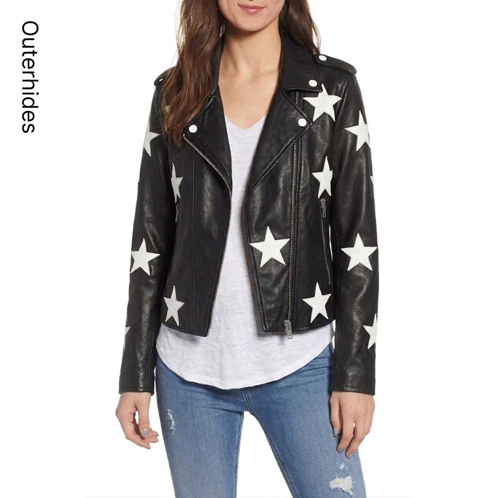 Women's Black Faux Leather Star Moto Jacket – Concert Festival Biker Coat