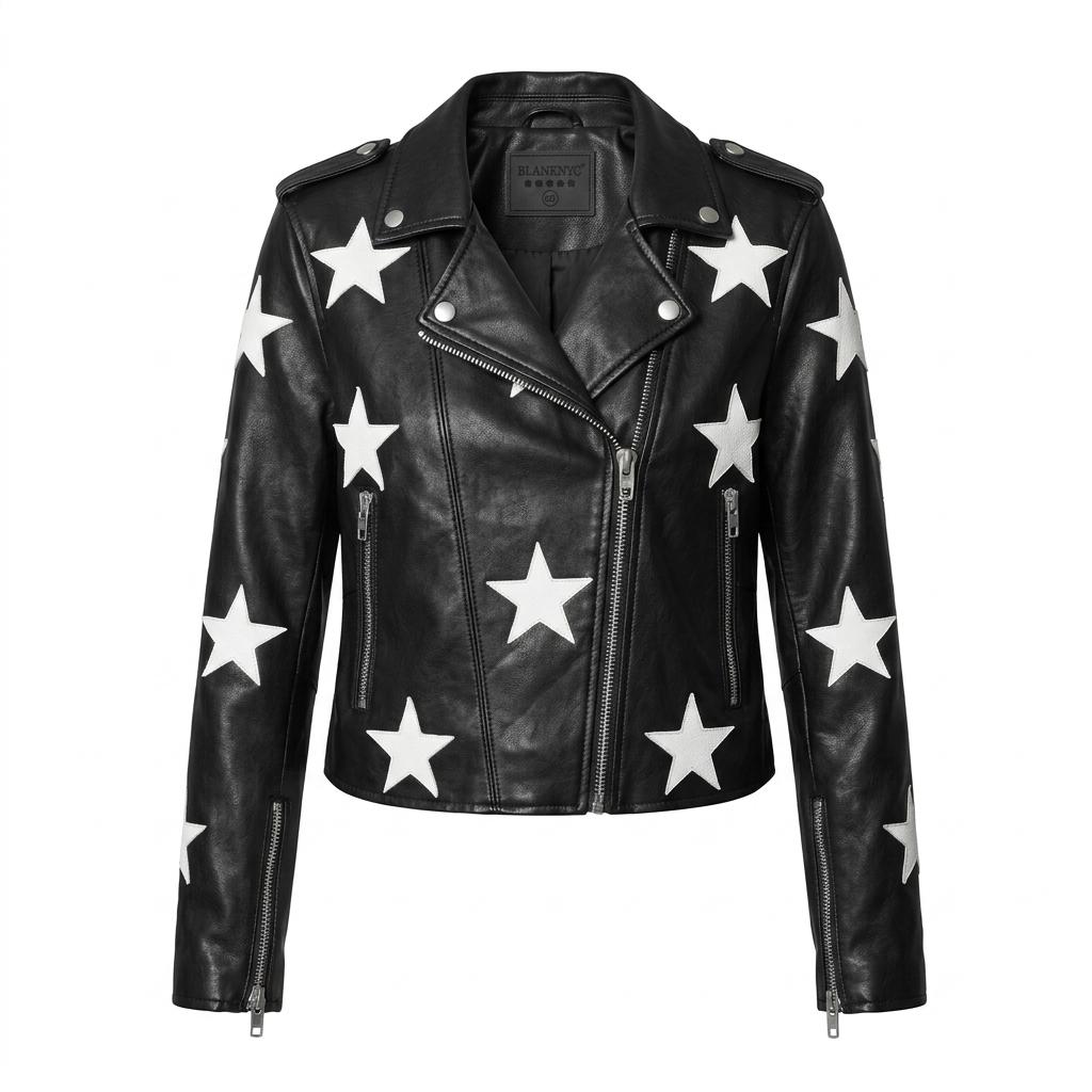 Women's Black Faux Leather Star Moto Jacket – Concert Festival Biker Coat