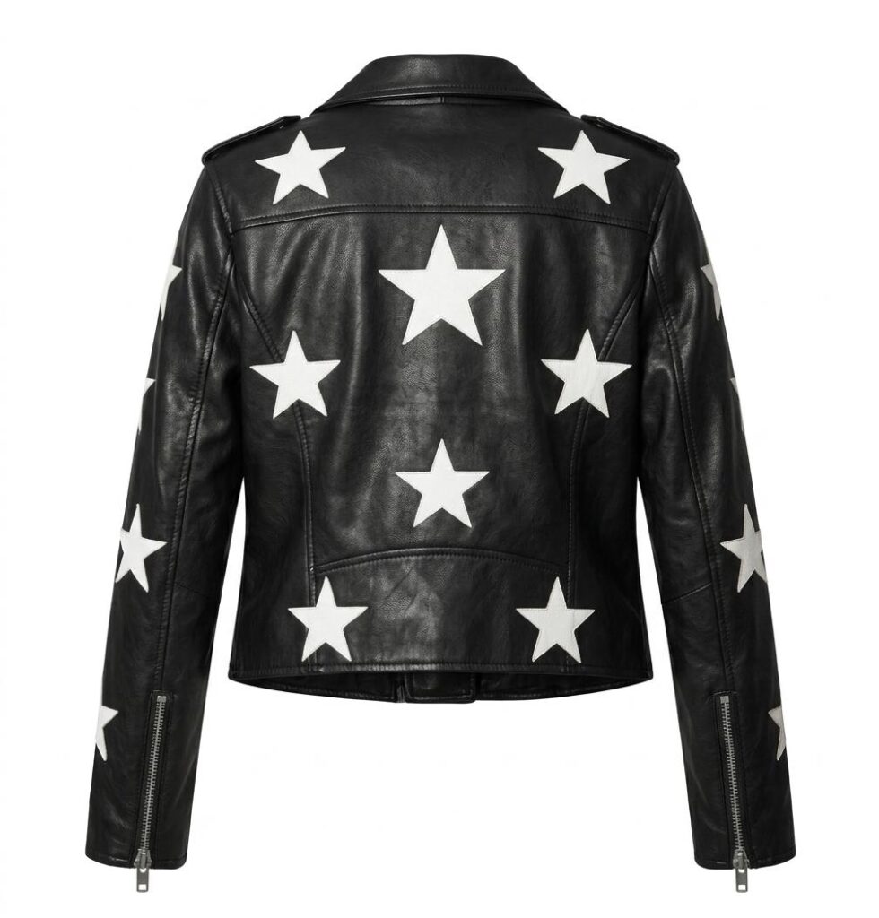 Women's Black Faux Leather Star Moto Jacket – Concert Festival Biker Coat
