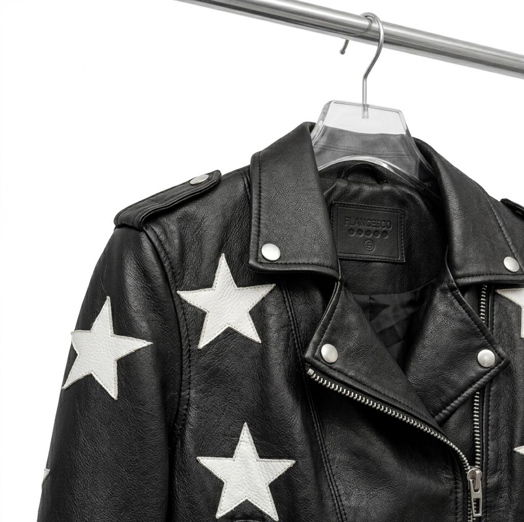 Women's Black Faux Leather Star Moto Jacket – Concert Festival Biker Coat