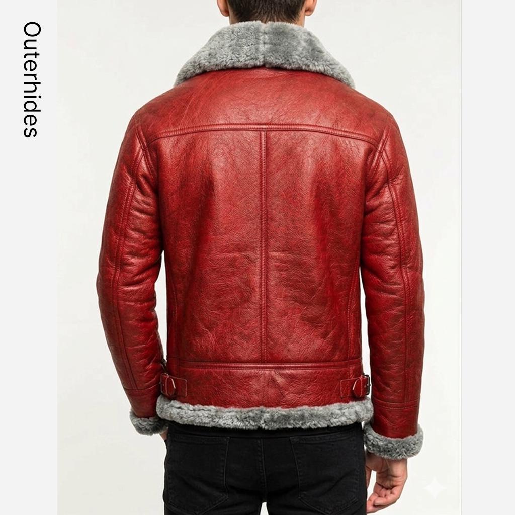 Men’s A2 Bomber Jacket – Christmas Holiday Red Leather Aviator with Fur Lining