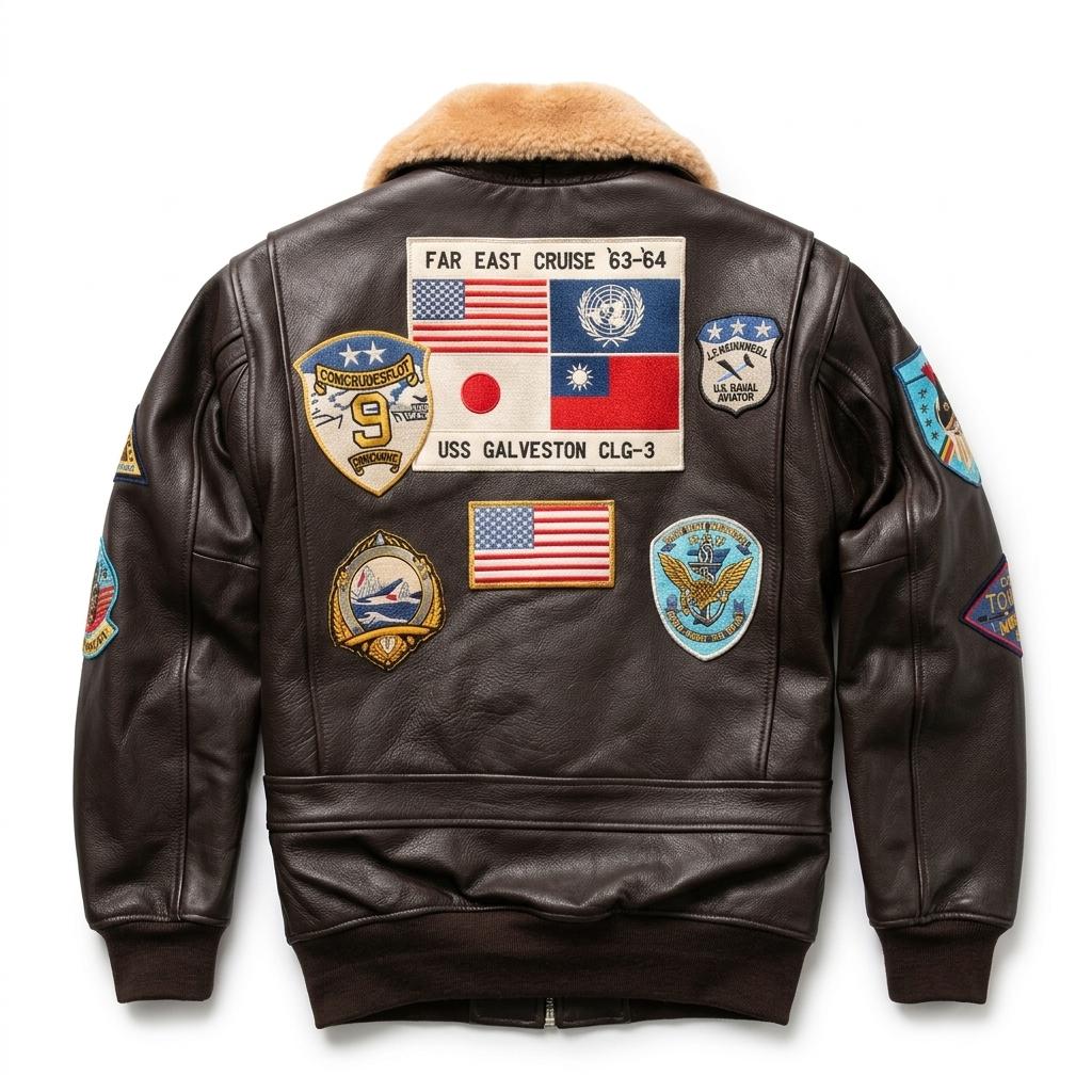 Men's G-1 Flight Jacket: Real Leather Bomber, Maverick Aviator Patches, Shearling Collar
