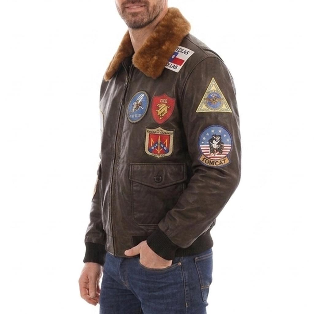 Men's G-1 Flight Jacket: Real Leather Bomber, Maverick Aviator Patches, Shearling Collar