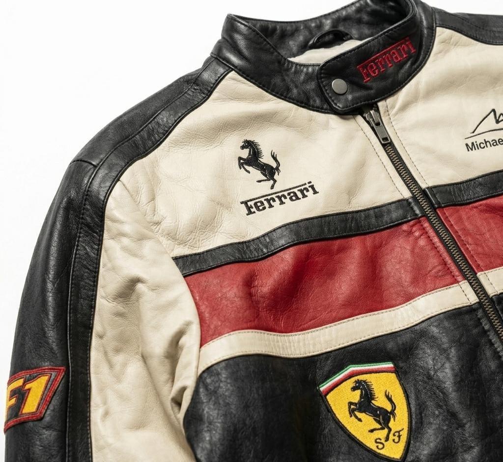 Ferrari F1 Racing Jacket Michael Schumacher Leather Bomber Y2K Motorsport Embroidered Biker Gift