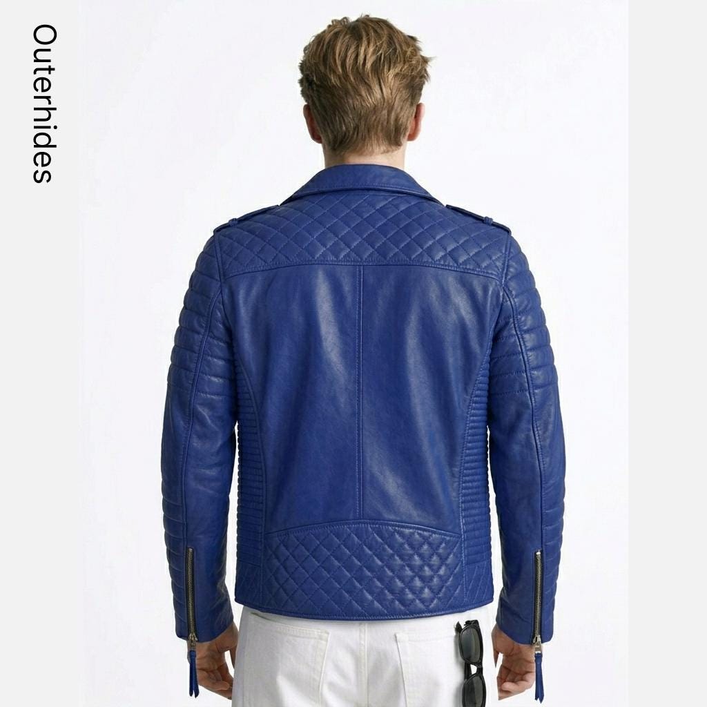 Men's Quilted Biker Jacket: Cobalt Blue Slim Fit Moto Coat Triple Zipper Streetwear