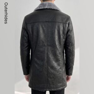 Men Black Leather Jacket Grey Fur Collar Winter Shearling Car Coat Gift