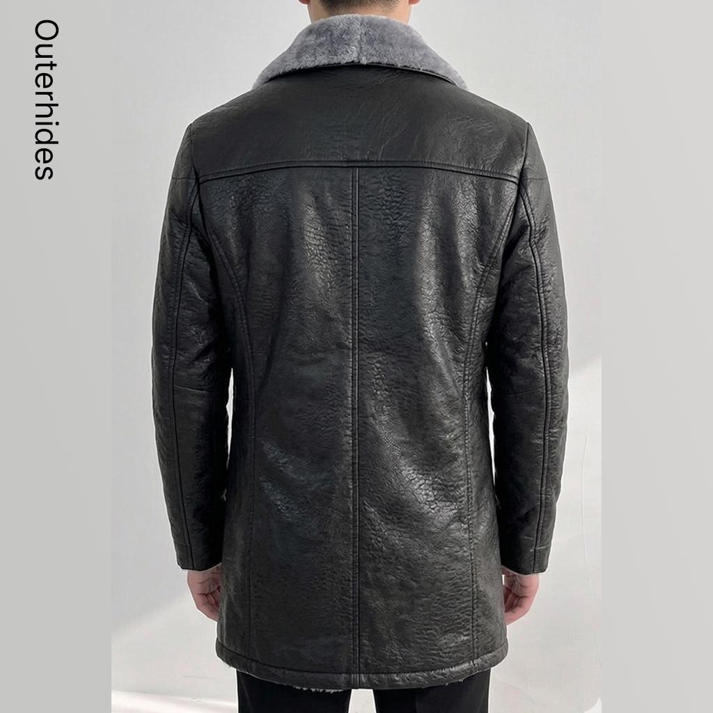 Men Black Leather Jacket Grey Fur Collar Winter Shearling Car Coat Gift - Image 2