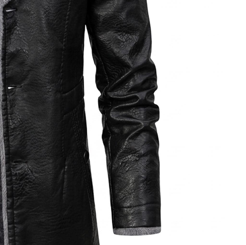 Men Black Leather Jacket Grey Fur Collar Winter Shearling Car Coat Gift - Image 6