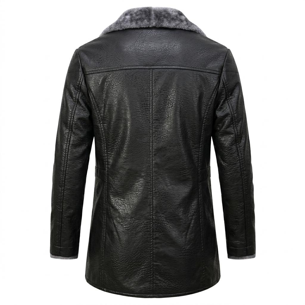 Men Black Leather Jacket Grey Fur Collar Winter Shearling Car Coat Gift - Image 5