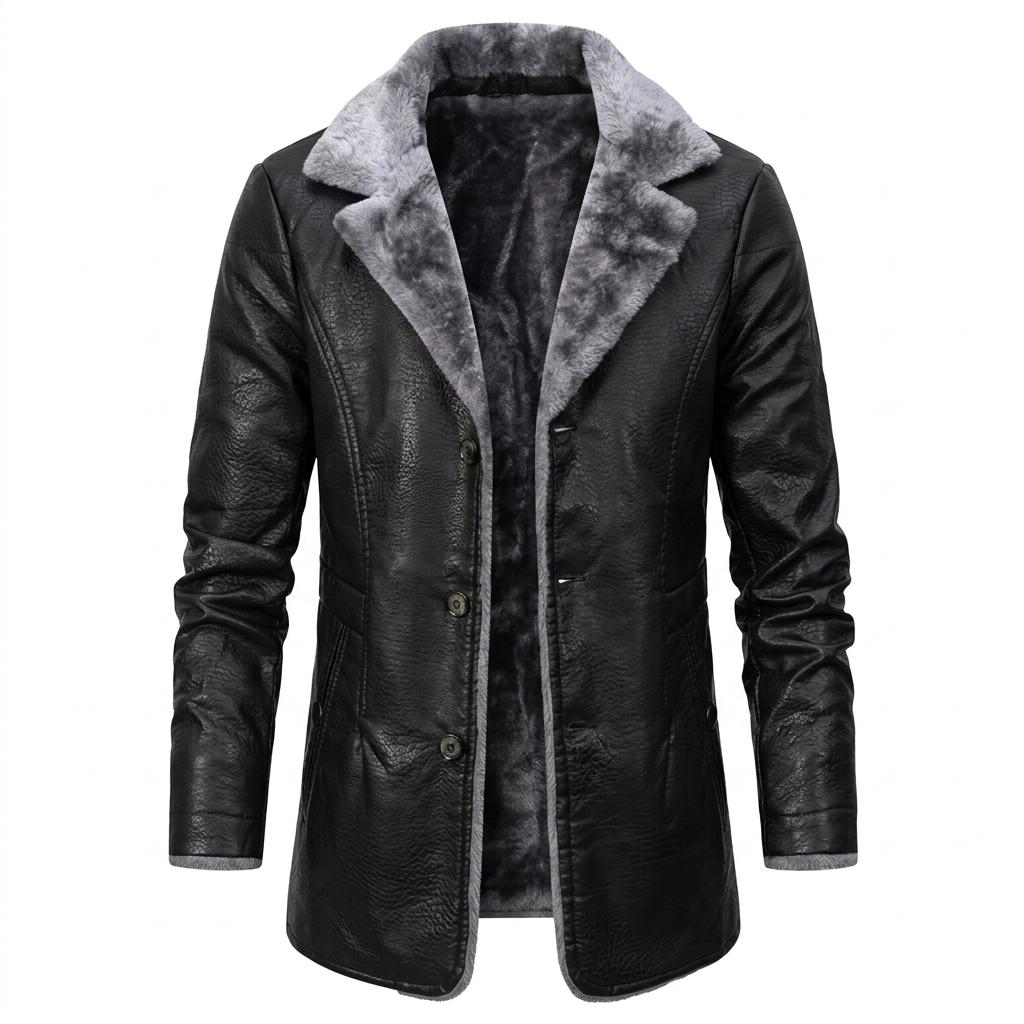 Men Black Leather Jacket Grey Fur Collar Winter Shearling Car Coat Gift - Image 3