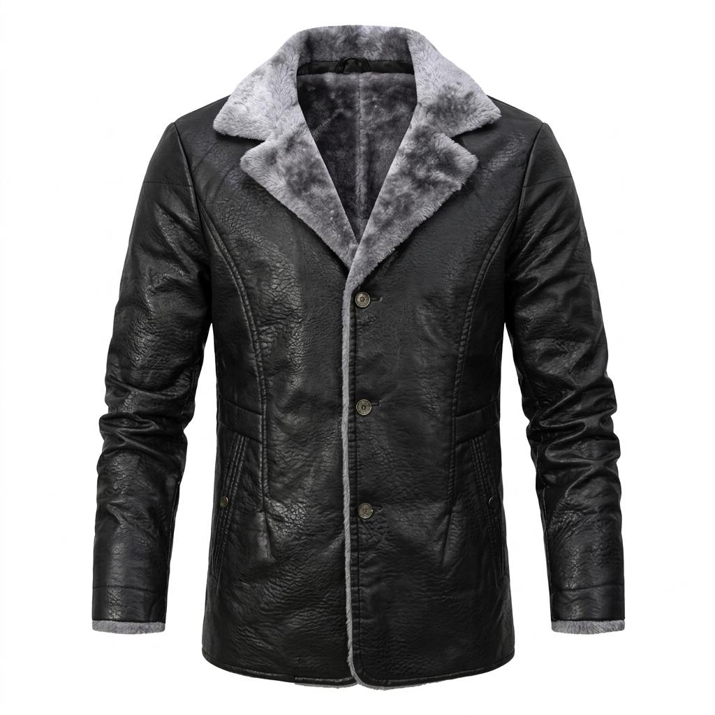 Men Black Leather Jacket Grey Fur Collar Winter Shearling Car Coat Gift - Image 4