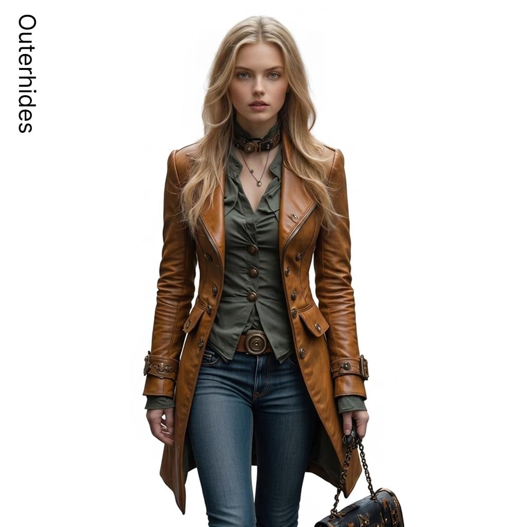 Women's Cognac Brown Leather Steampunk Duster Coat | Victorian Long Jacket