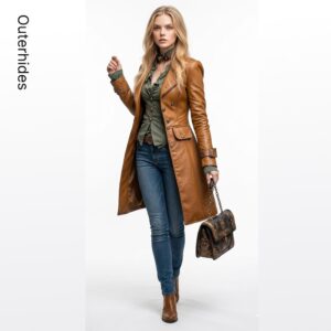 Women’s Cognac Brown Leather Steampunk Duster Coat | Victorian Long Jacket