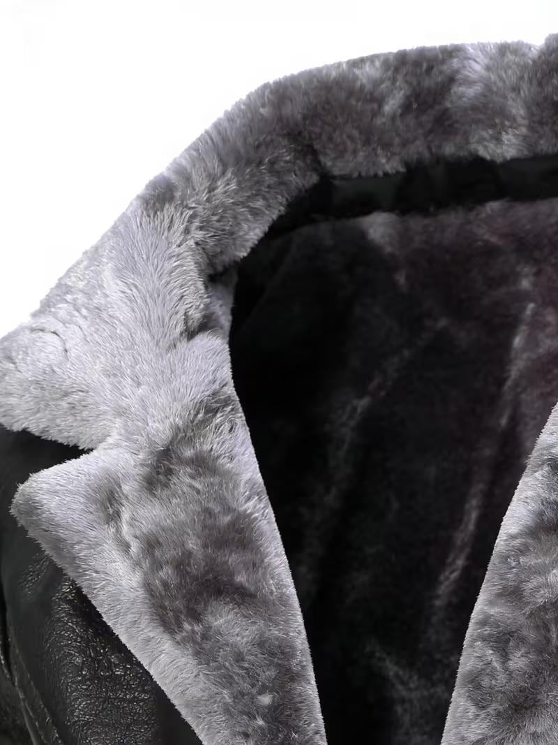 Men Black Leather Jacket Grey Fur Collar Winter Shearling Car Coat Gift - Image 7
