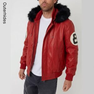 8 Ball Red Leather Bomber Jacket Men 90s Retro Hip Hop Hooded Fur Trim